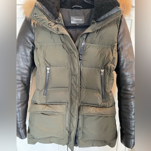 Olive Green Down puffer with black Leather sleeves and detachable fur hood. - Picture 9 of 9